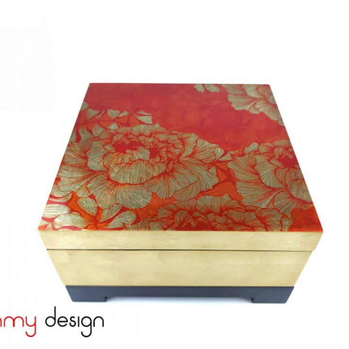 Orange square lacquer box with flower included with stand 25 cm